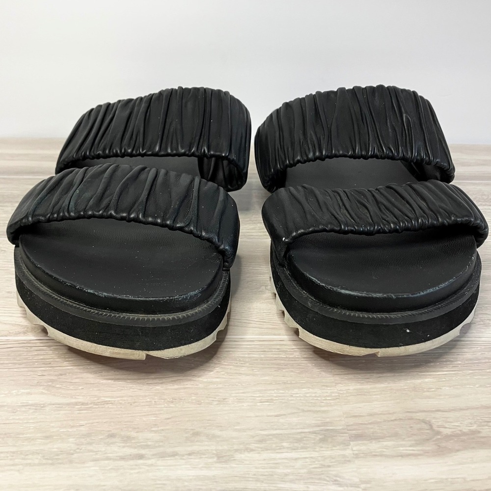 SOREL Roaming Ruched Slide Sandals Size 10 Leather Double Strap Vacation Black - Picture 5 of 11